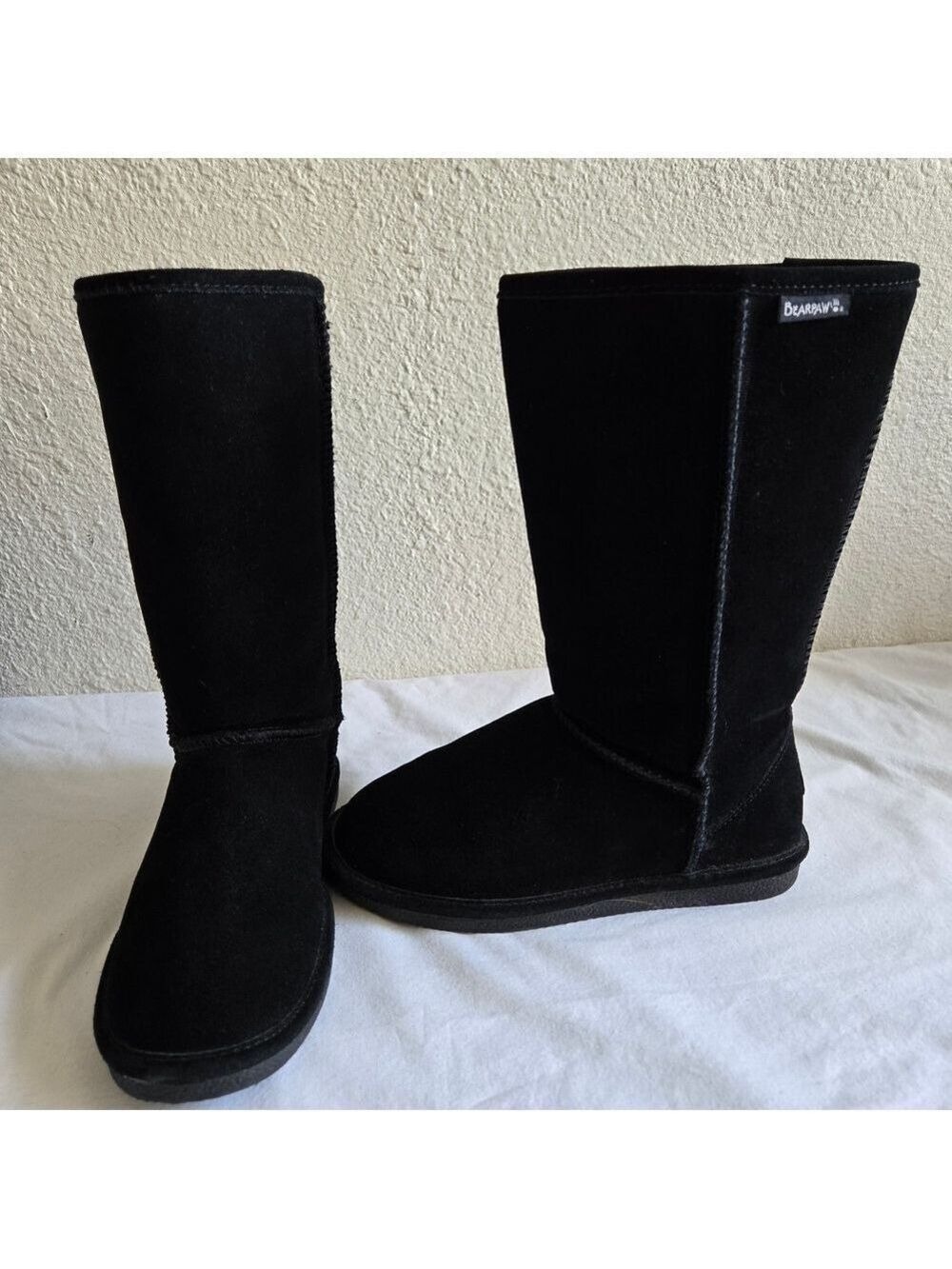 BEARPAW BOOTS 'ELLE' 12' HIGH BLACK SUEDE WOMENS WOOL SHEEP SKIN SIZE 8